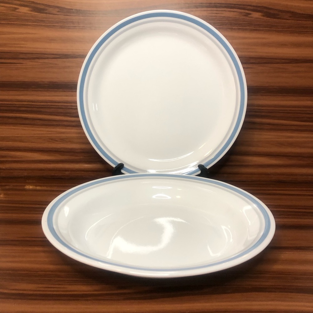 Corelle Indigo Stripe Coupe Soup Pasta Bowl & Bread & Butter Plate / 2 Sets 4pcs